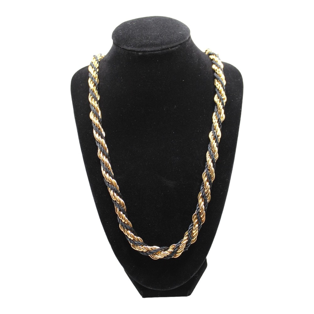 Gold Tone Black Swirled Twisted Cord 28" Matinee Opera Chain Necklace